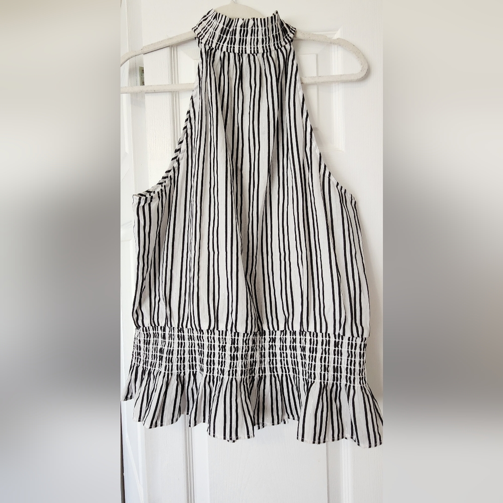 INC Sleeveless Mock Turtleneck White/ Black Stripe Blouse Sz XL